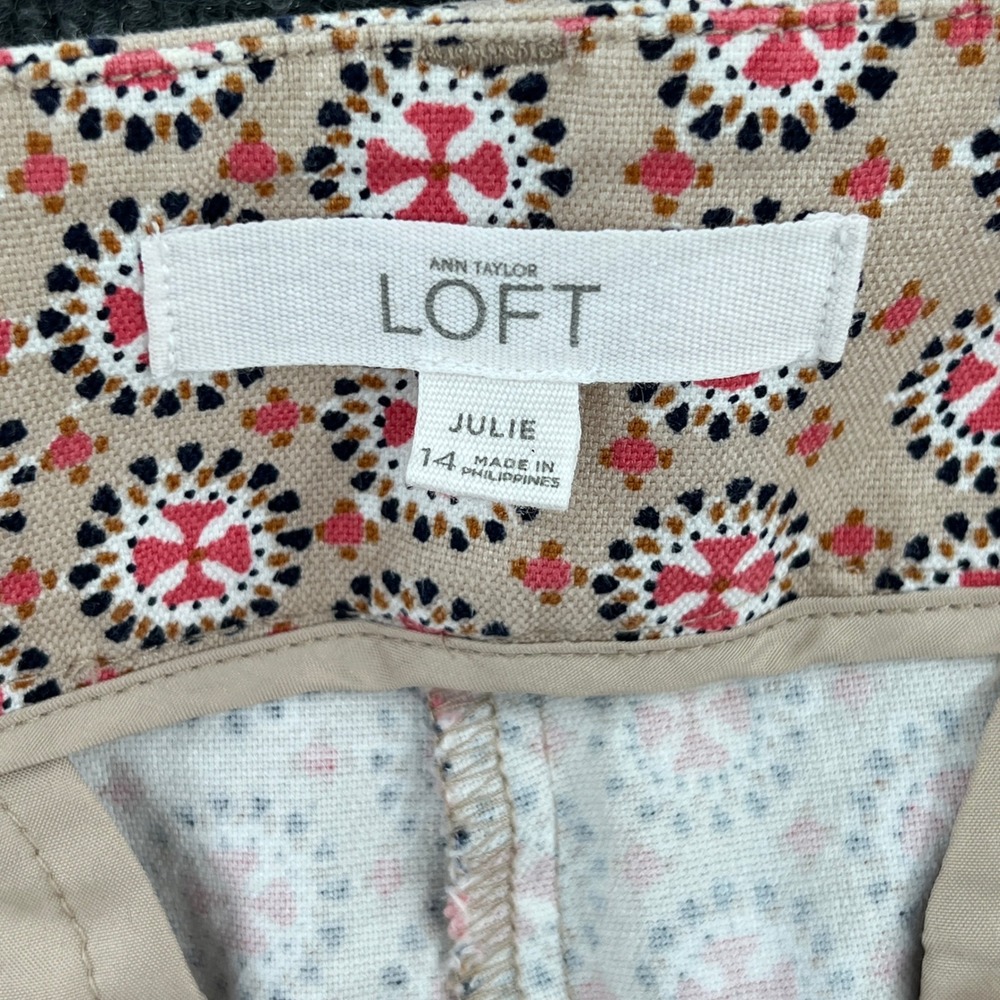 LOFT Riviera Pant Julie Women 14 Tan Pink Geometric Medallion Crop Office Casual - Picture 5 of 8